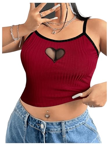Women's Plus Size Cami Crop Tops Contrast Mesh Spaghetti Strap Summer Top