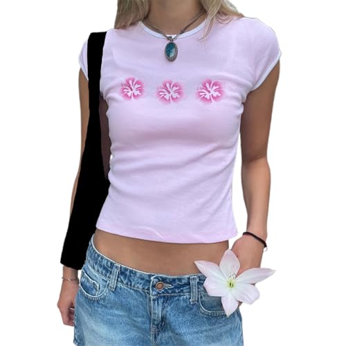 Women Hawaii Baby Tees Y2K Short Sleeve Crewneck Aesthetic Graphic Slim Fit Crop Tops