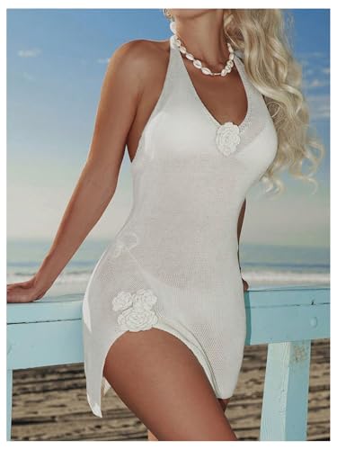 Women's 3D Floral Halter Knit Beach Dresses V Neck Sleeveless Bodycon Bathing Suit Cover Up