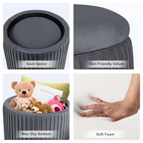 Set of 3 Velvet Round Storage Ottomans â€?Modern Upholstered Vanity Stool & Foot Rest with Hidden Storage