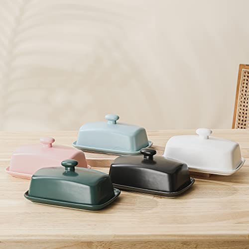 Large Porcelain Butter Dish with Lid, Henten Home Classic Matte Butter Keeper for Countertop