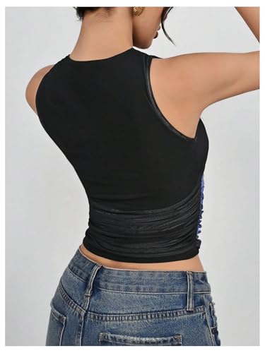 Women's Flower Print Mesh Top Sleeveless Mock Neck Ruched Tank Tops