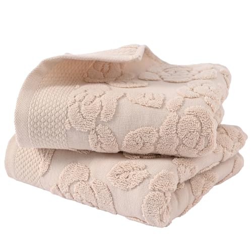 Rose Hand Towel Set of 2 Super Soft 100% Cotton Embossed Floral Pattern Highly Absorbent Decorative Bath Hand Towels for Bathroom 13x 29 Inch