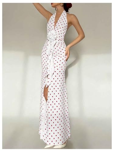 Women's Polka Dots Halter Dress High Split Deep V Neck Backless Bodycon Maxi 3D Flower Dresses