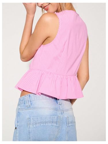 Women's Striped Print Tie Front Tops Sleeveless Ruffle Hem Vest Blouse Top