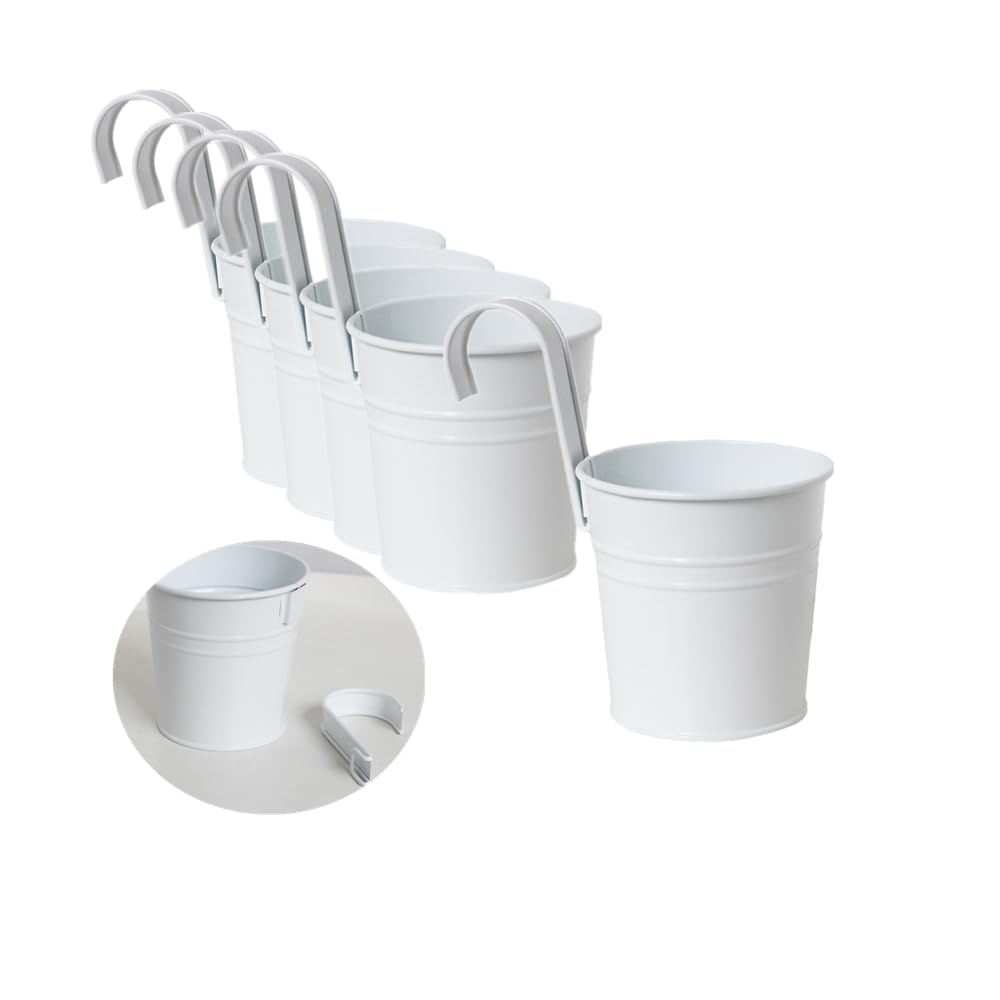 Hanging Flower Pots for Outdoor Indoor Plants with Removable Hooks -5 Pack Metal Buckets Plant Pots Wall Fence Home Decor-Storage Box,Drainage Holes -5''Diameter
