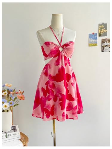 Women's Floral Halter Neck Vacation Dress Sleeveless Cut Out Boho Cami Dress