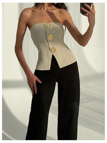 Women's Flower Metallic Sleeveless Bandeau Split Hem Strapless Tube Top