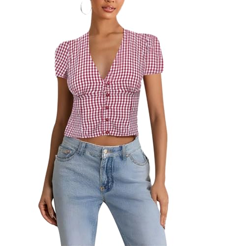 Y2k Fairy Plaid Button Down T Shirts Women Short Sleeve V Neck Aesthetic Tee Shirts Slim Fit Gingham Crop Top