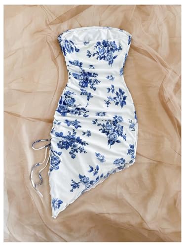 Women's Floral Print Tube Dress Ruched Drawstring Slit Hem Mini Dresses