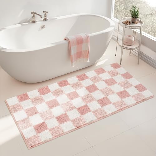 Checkered Bathroom Rugs, Fluffy Rug, Absorbent Microfiber Ultra Soft Bath Mat Washable, Non-Slip Bath Mats for Bathroom, Cute Floor Mat