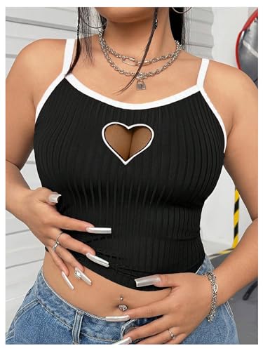 Women's Plus Size Cami Crop Tops Contrast Mesh Spaghetti Strap Summer Top