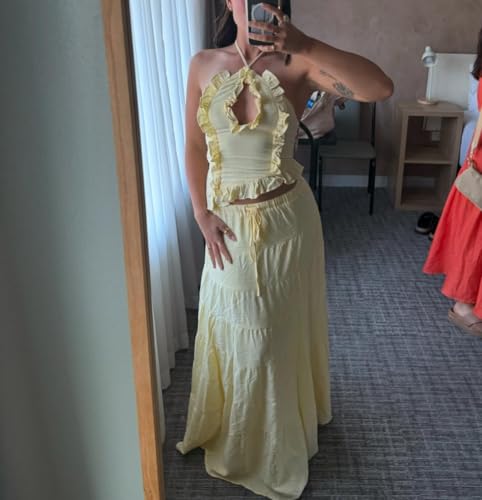 Womens 2 Piece Maxi Skirt Set Y2k Halter Ruched Cami Top Tiered Flowy Ruffle Skirt Outfit