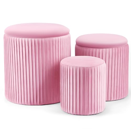 Set of 3 Velvet Round Storage Ottomans â€?Modern Upholstered Vanity Stool & Foot Rest with Hidden Storage