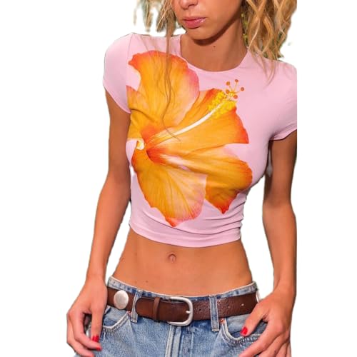 Women Hawaii Baby Tees Y2K Short Sleeve Crewneck Aesthetic Graphic Slim Fit Crop Tops