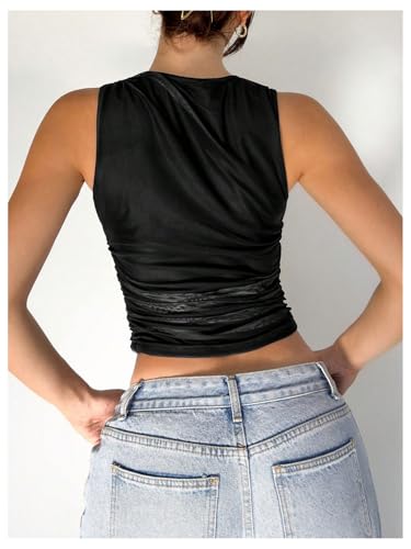 Women's Flower Print Mesh Top Sleeveless Mock Neck Ruched Tank Tops