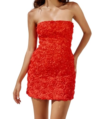 Womens Strapless Mini Dress Sexy Short Bodycon Off Shoulder Stretchy 3D Floral Appliques Tube Top Cocktail Party Dress