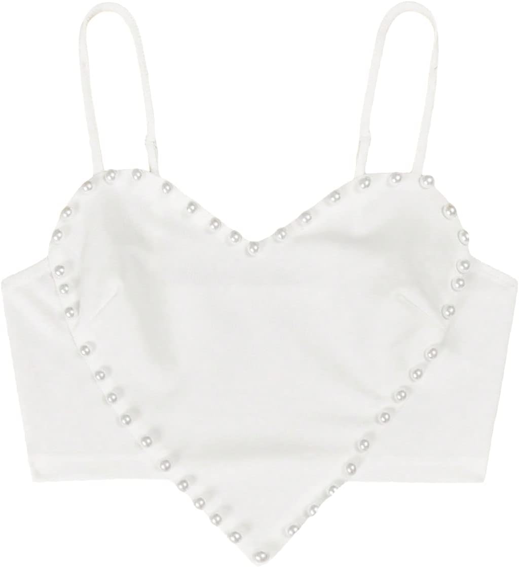 Women's Pearls Sleeveless Asymmetrical Hem Heart Crop Cami Top Sexy Camisole
