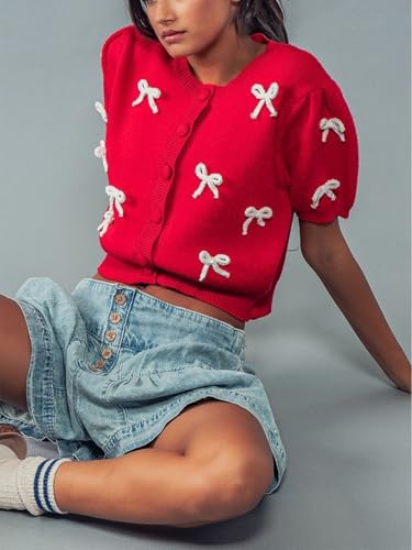 Women Short Sleeve Cardigans Cute Y2k Crop Tops Bow Tie Button Down Knitted Shirts Lightweight Cardigan Sweaters