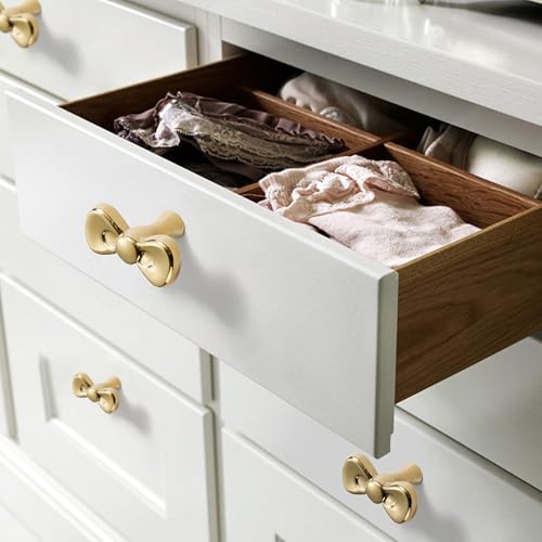 Gold Brass Small Bow Knobs Cute Dresser Drawer Handles Kitchen Cabinet Pulls Art Deco Single Hole Decorative Knobs Modern Furniture Hardware for Closet Cupboard