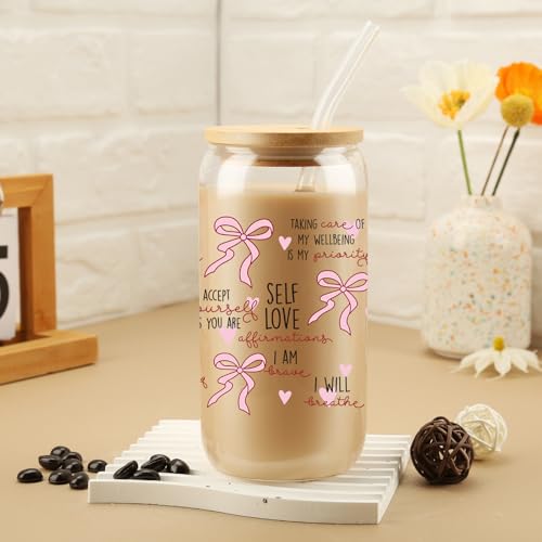 Cherry Bow Cup, Birthday Gifts for Women, Girly Gifts for Her, Sister, Mom, Colleague - 16 OZ Glass Tumbler with Straw & Lid, Coquette Iced Cup