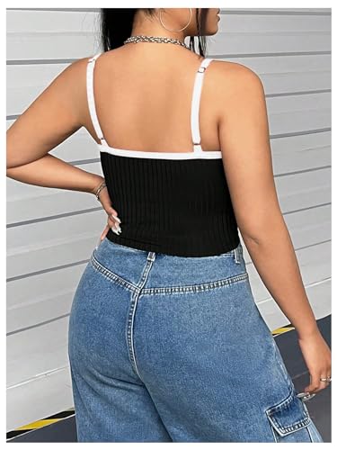 Women's Plus Size Cami Crop Tops Contrast Mesh Spaghetti Strap Summer Top