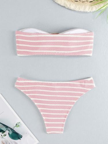 Women's 2 Piece Strapless Swimsuit Striped Bandeau High Waisted Thong Bikini Set Bathing Suit