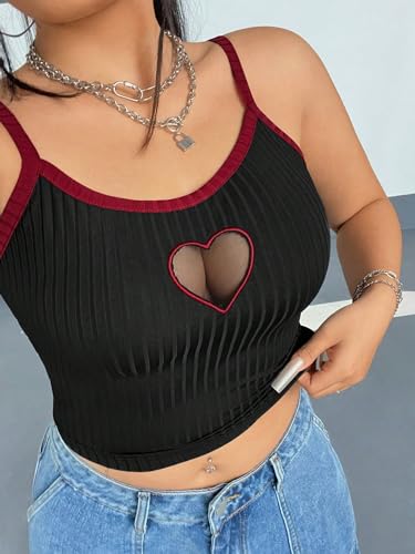 Women's Plus Size Cami Crop Tops Contrast Mesh Spaghetti Strap Summer Top