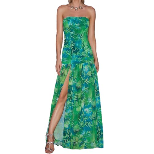 Women Y2k Floral Strapless Dress Sexy Backless Tube Maxi Dress Sleeveless Mesh Bodycon Long Dress
