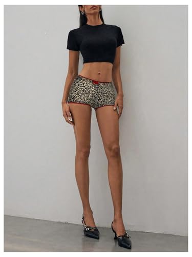 Women's Y2k Low Waist Biker Shorts Leopard Print Lace Trim Track Shorts