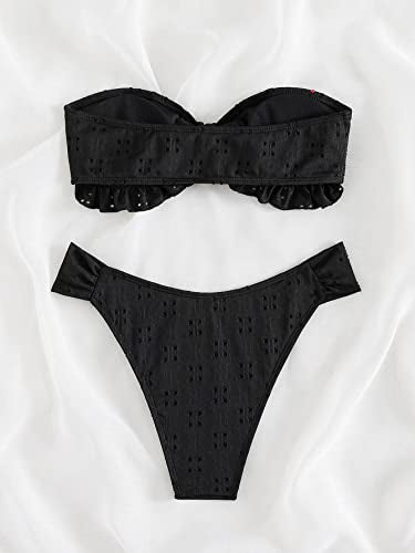 Women's 2 Piece Bathing Suit Ruffle Hem Bandeau Tie Front Bikini Set