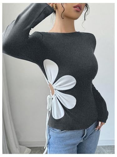 Women's Floral Pattern Hollow Out Tie Side T Shirts Crew Neck Long Sleeve Tee Tops
