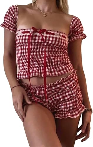Women's Sexy Ruffle 2 Piece Sets Short Sleeve Bow Tie Front Crop Tops and Smocked Ruched Shorts Loungewear