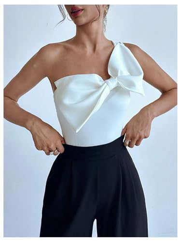 Women's One Shoulder Sleeveless Big Bow Front Elegant Fitted Tank Top Bodysuit