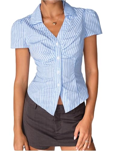 Y2k Fairy Plaid Button Down T Shirts Women Short Sleeve V Neck Aesthetic Tee Shirts Slim Fit Gingham Crop Top