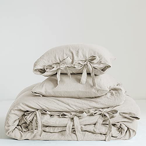 The 100% Linen Duvet Cover Set, 3 Pieces Belgian Flax Breathable Bedding,(1 Comforter Cover+2 Pillowshams) with Tie Closure Style