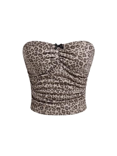 Women's Leopard Print Ruched Strapless Bandeau Top Meah Casual Sleeveless Bow Slim Fit Cheetah Print Tube Crop Tops