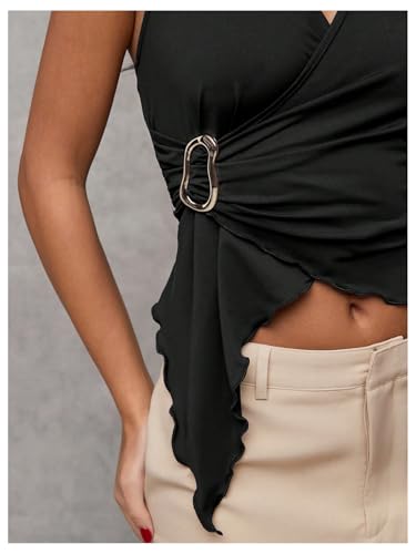 Women's Wrap V Neck Buckle Halter Top Ruched Asymmetrical Sleeveless Tops