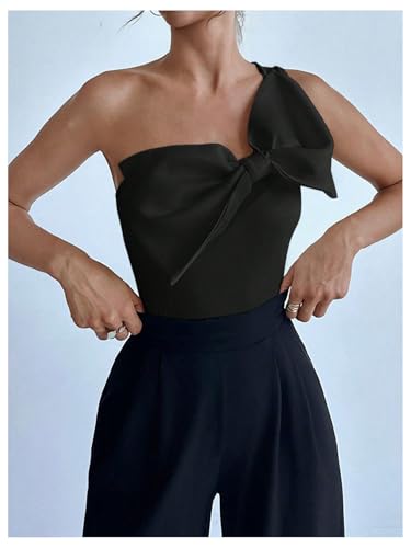 Women's One Shoulder Sleeveless Big Bow Front Elegant Fitted Tank Top Bodysuit