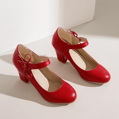 Women's Bow Mary Jane Dress Pumps Shoes Chunky Block High Heels Round Toe Shoes