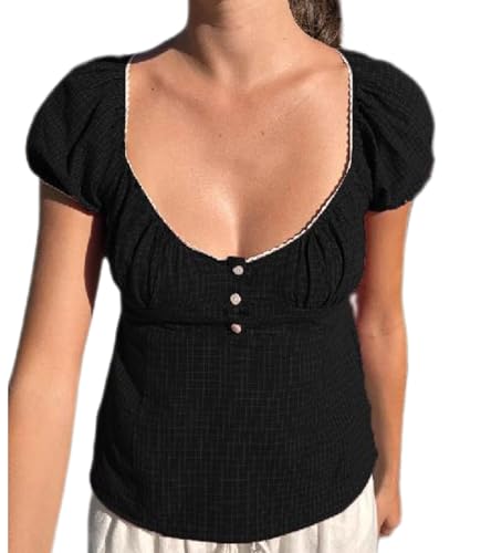 Y2K Short Sleeve Babydoll Tops for Women Cute Aesthetic U Neck Teen Girls Tshirt Ruffle Hem Patchwork Peplum Shirts