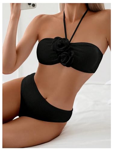 Women's 2 Piece Halter Swimsuit 3D Flower Appliques Bandeau Tummy Control Bikini Set