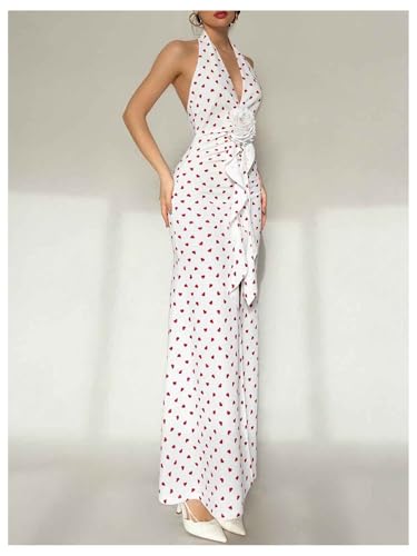 Women's Polka Dots Halter Dress High Split Deep V Neck Backless Bodycon Maxi 3D Flower Dresses
