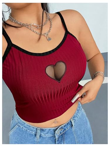 Women's Plus Size Cami Crop Tops Contrast Mesh Spaghetti Strap Summer Top