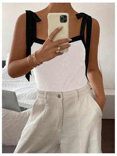 Women's Coquette Bow Tie Shoulder Tank Tops Backless Fitted Crop Tops