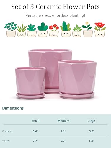 Ceramic Plant Pots Indoor, 8.6+7.1+5.5 Inch Planters with Drainage Holes and Saucers Set of 3 Large Flower Pots