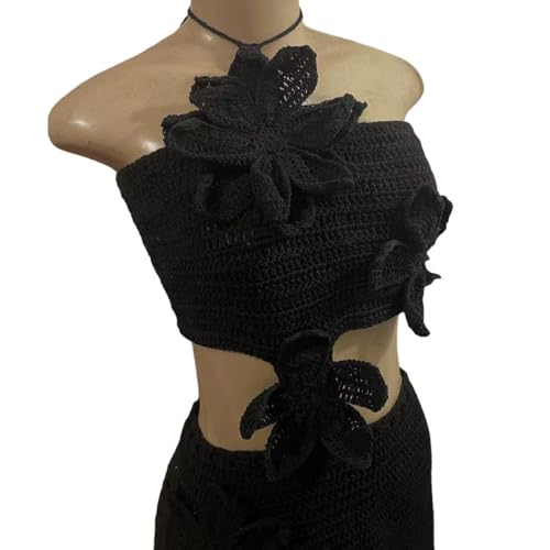 Women Halter Hollow Out Knitted Mini Dress Sexy Crochet 3D Flower Mini Dress