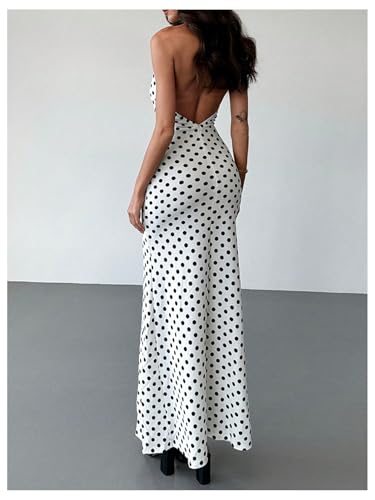 Women's Polka Dots Halter Dress High Split Deep V Neck Backless Bodycon Maxi 3D Flower Dresses