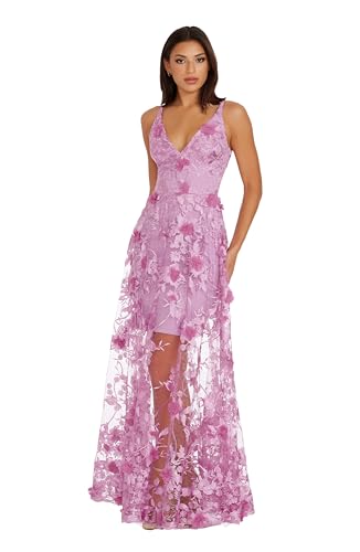 Women's Embellished Plunging Gown Sleeveless Floral Long Dress