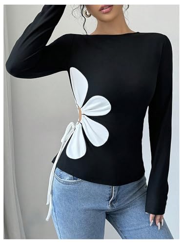 Women's Floral Pattern Hollow Out Tie Side T Shirts Crew Neck Long Sleeve Tee Tops